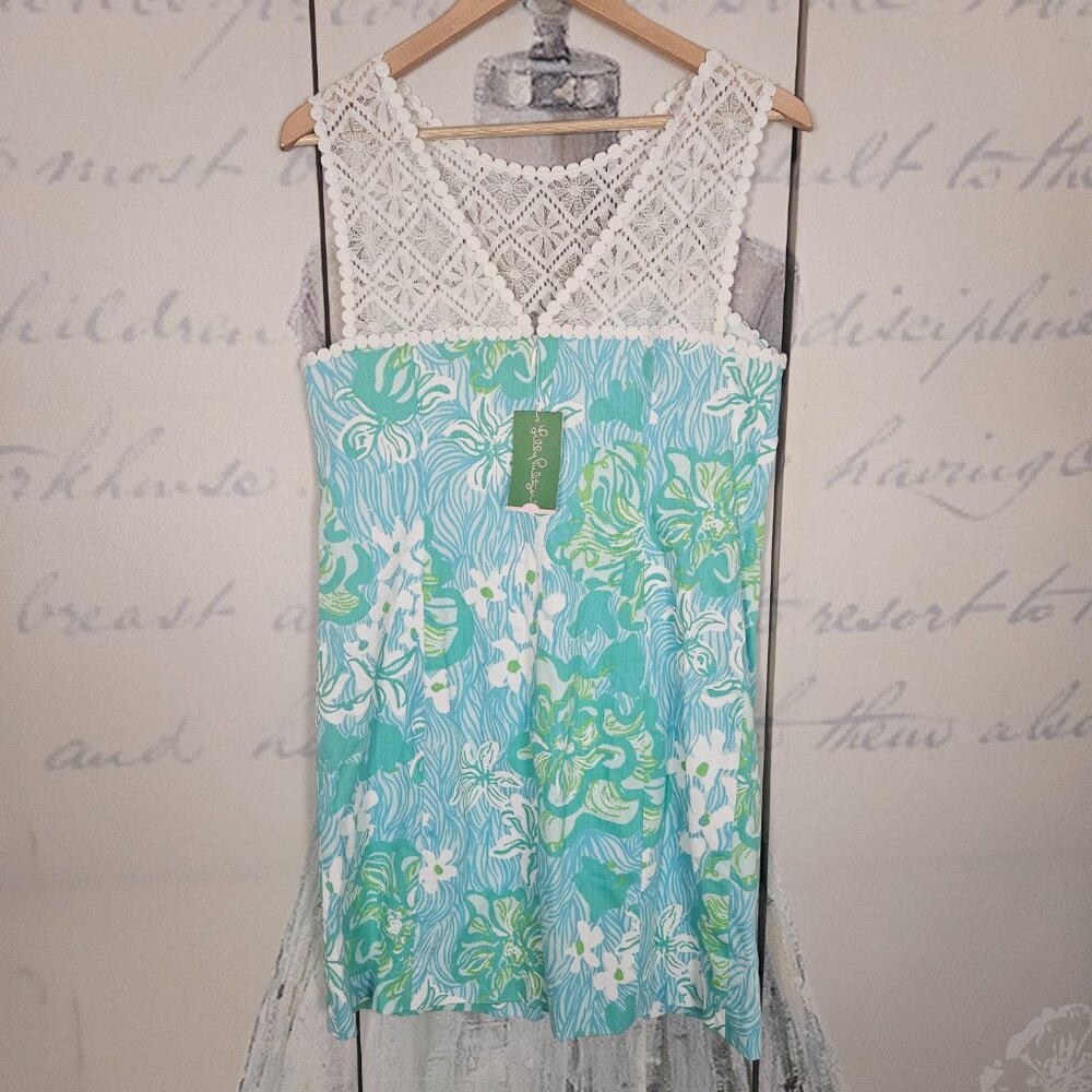 NWT Lilly Pulitzer Sofia Shift Dress Size 10 Lagoon Green Wave Rider Lace - Picture 3 of 9
